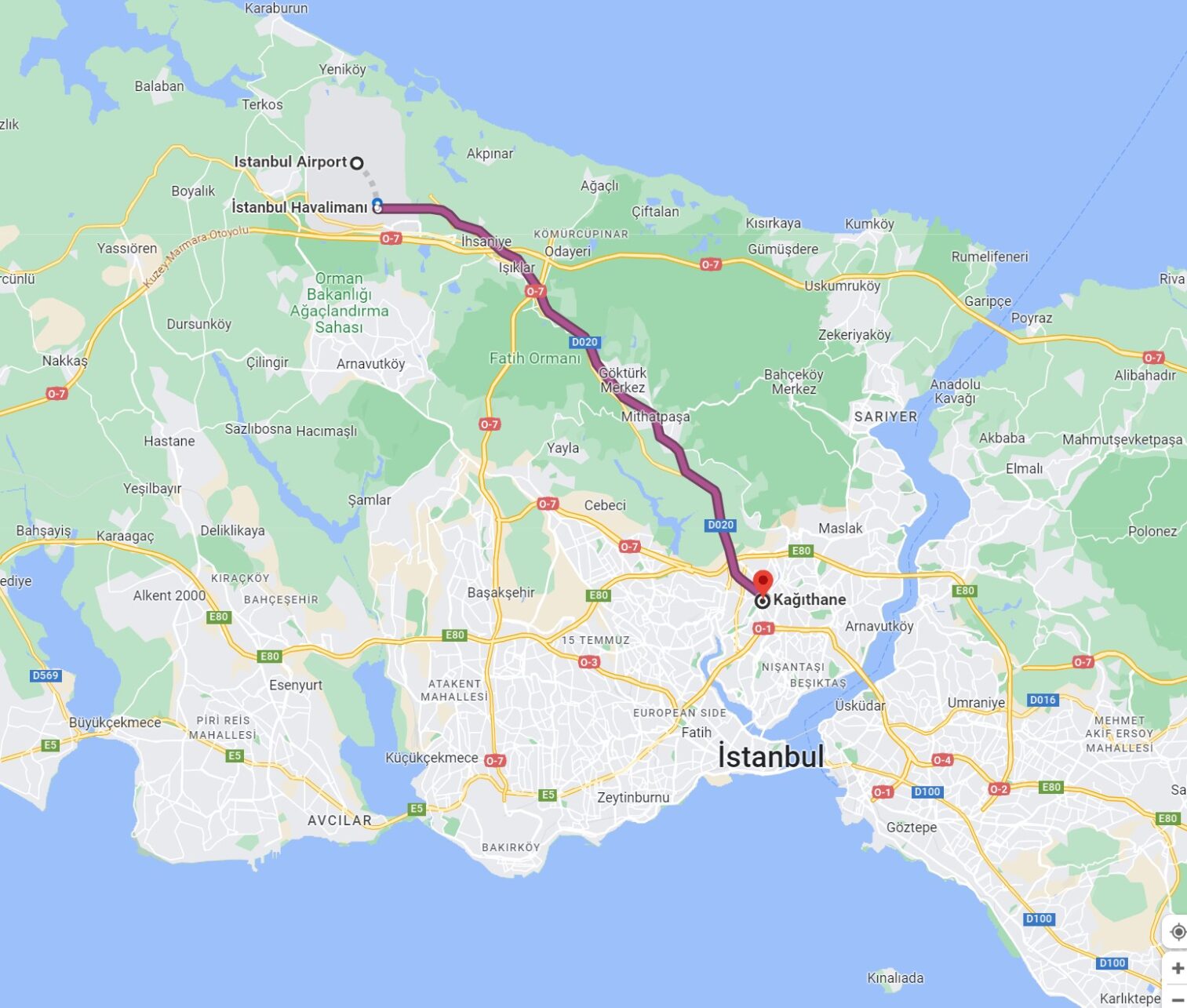 Karte mit der Metro Verbindung vom Istanbul Flughafen nach Kagithane, Istanbul.