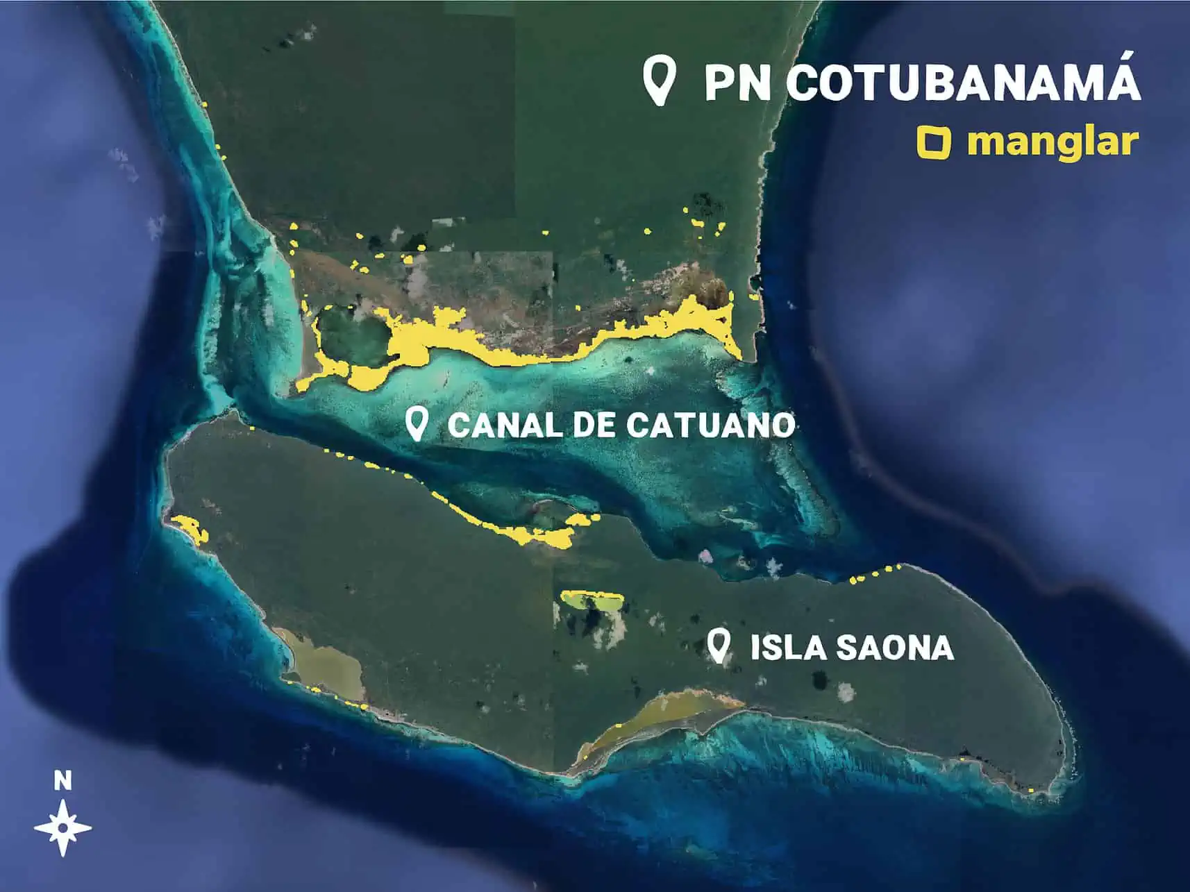 Karte der Mangrovenwälder der Insel Saona und des Nationalparks Cotubanama, Dominikanische Republik.